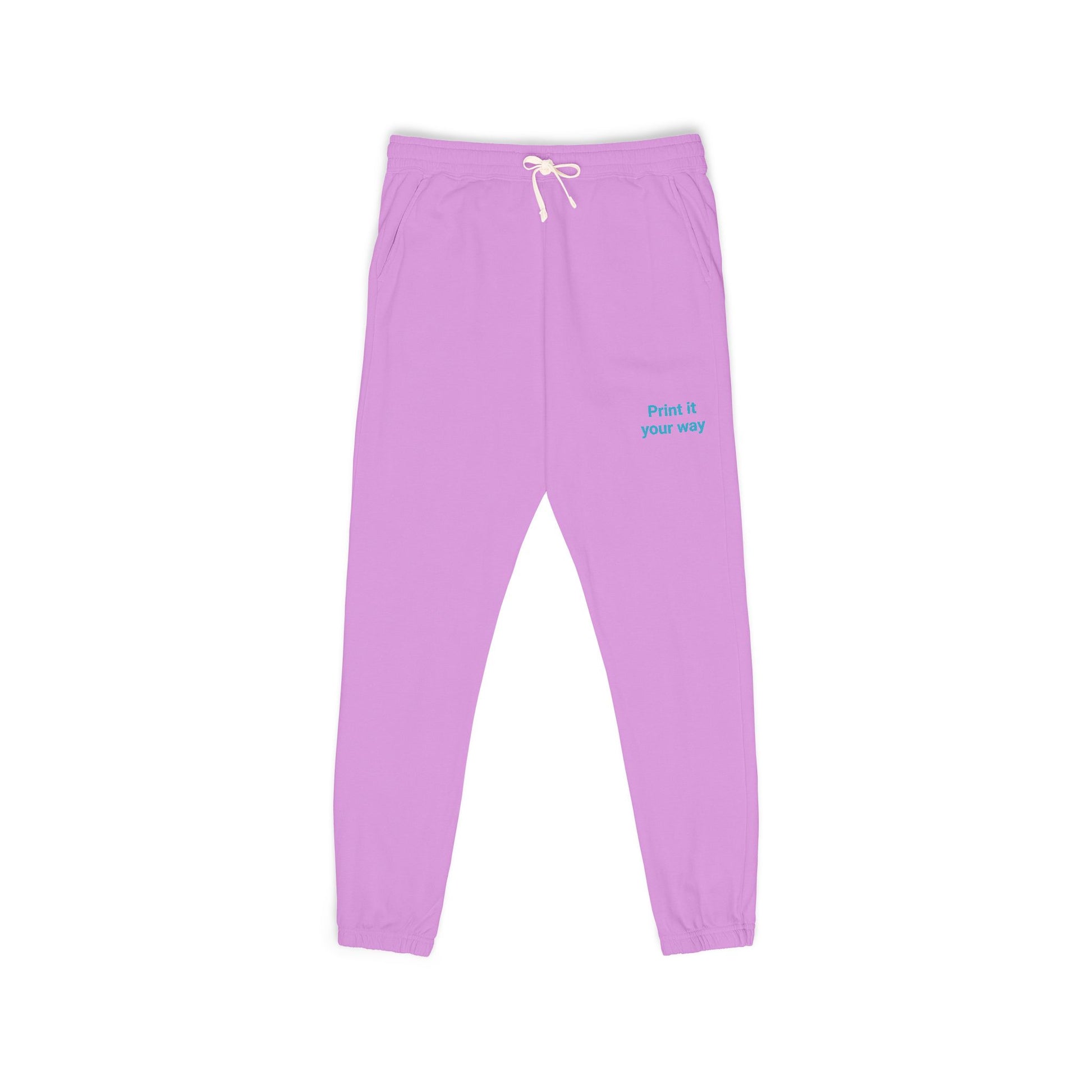 Purple sweatpants with text on a white background
