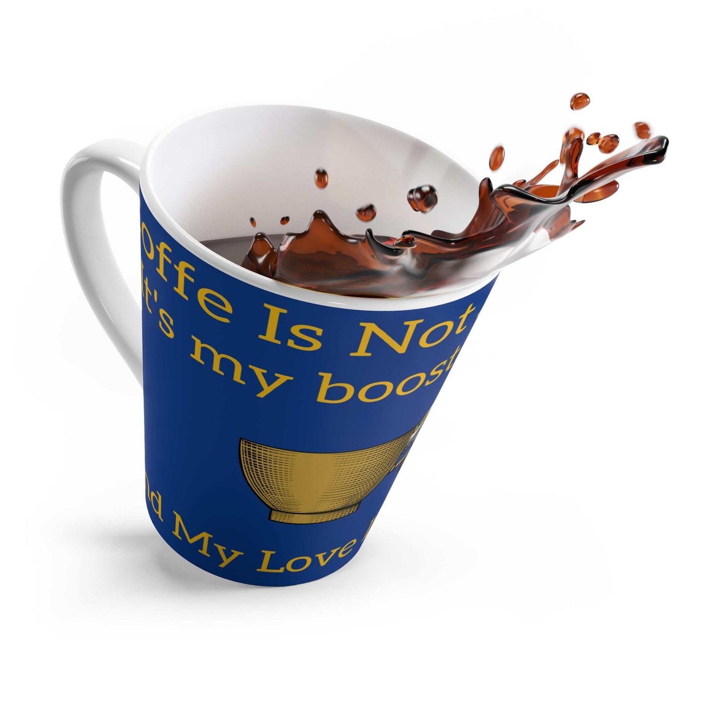 Coffee Lovers Latte Mug with blue design and coffee splash, microwave and dishwasher safe, ergonomic handle