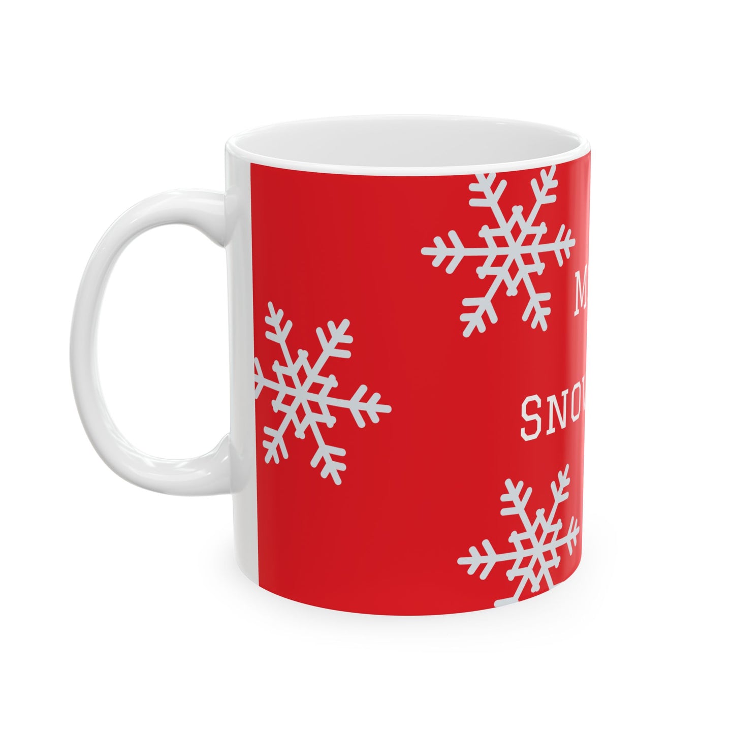 Merry Snowflakes Ceramic Mug — Red Holiday Coffee Cup (11oz & 15oz)