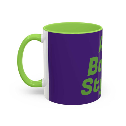 Colorful custom mug with green handle and interior, glossy purple exterior, stylish home decor coffee cup