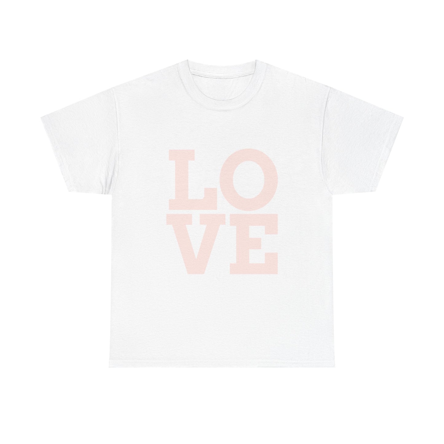 White t-shirt with 'LOVE' printed in pink on a white background