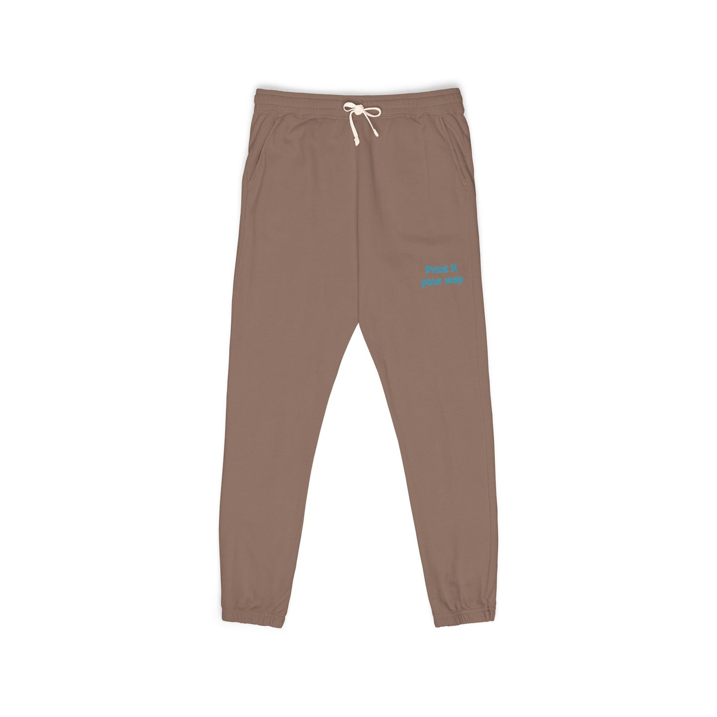 Brown sweatpants with a blue logo on a white background