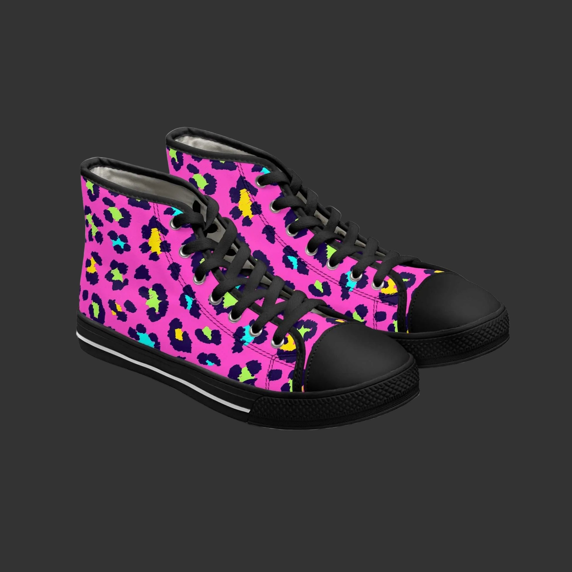 Trendy leopard print women's high top sneakers with black toe and sole