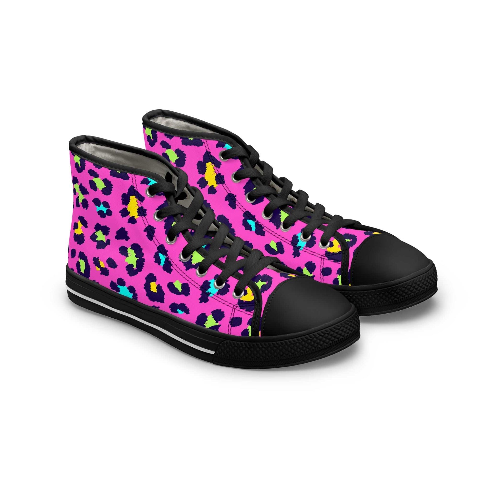 Trendy leopard print women's high top sneakers with black toe and sole