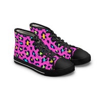 Trendy leopard print women's high top sneakers with black toe and sole