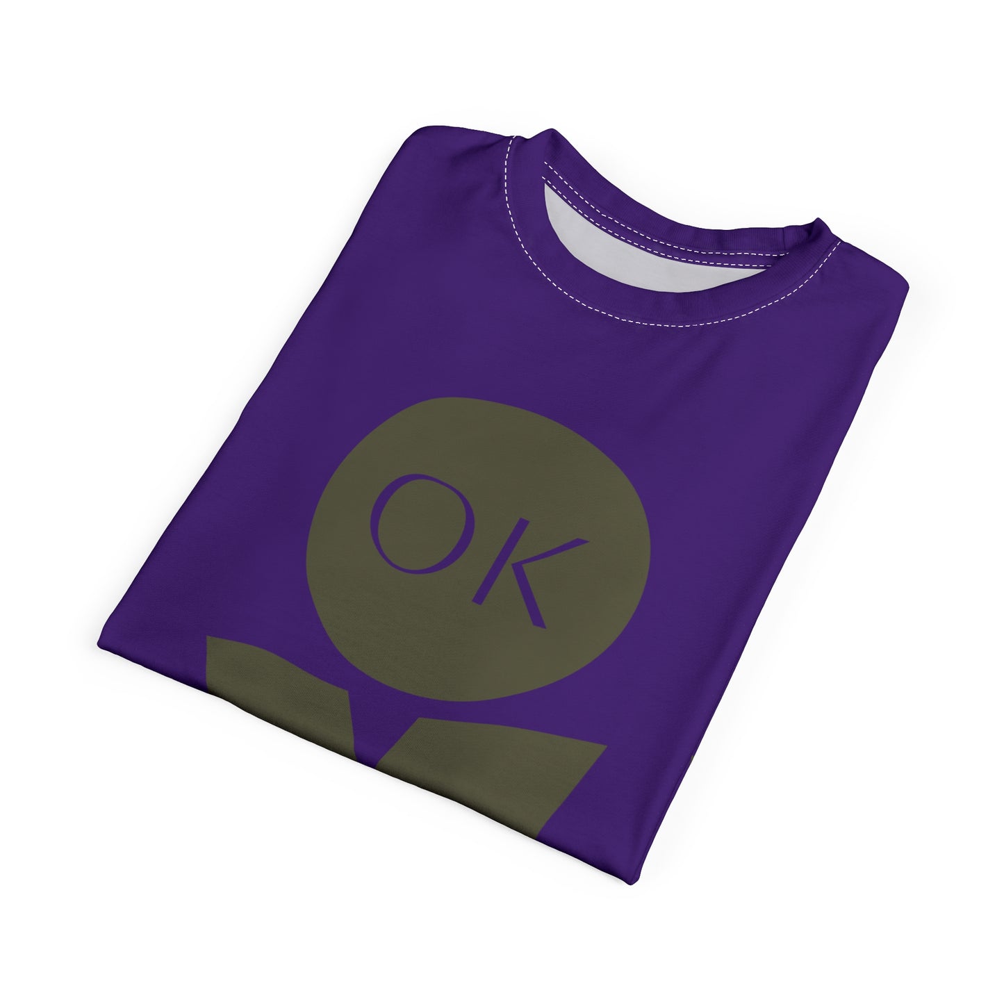 Folded purple shirt with a green circle and 'OK' text on a white background