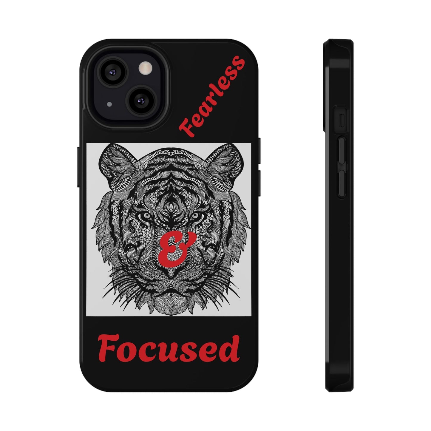 Tiger phone case with black and white tiger illustration, red "Fearless & Focused" text, dual-layer impact-resistant protection, wireless charging compatible