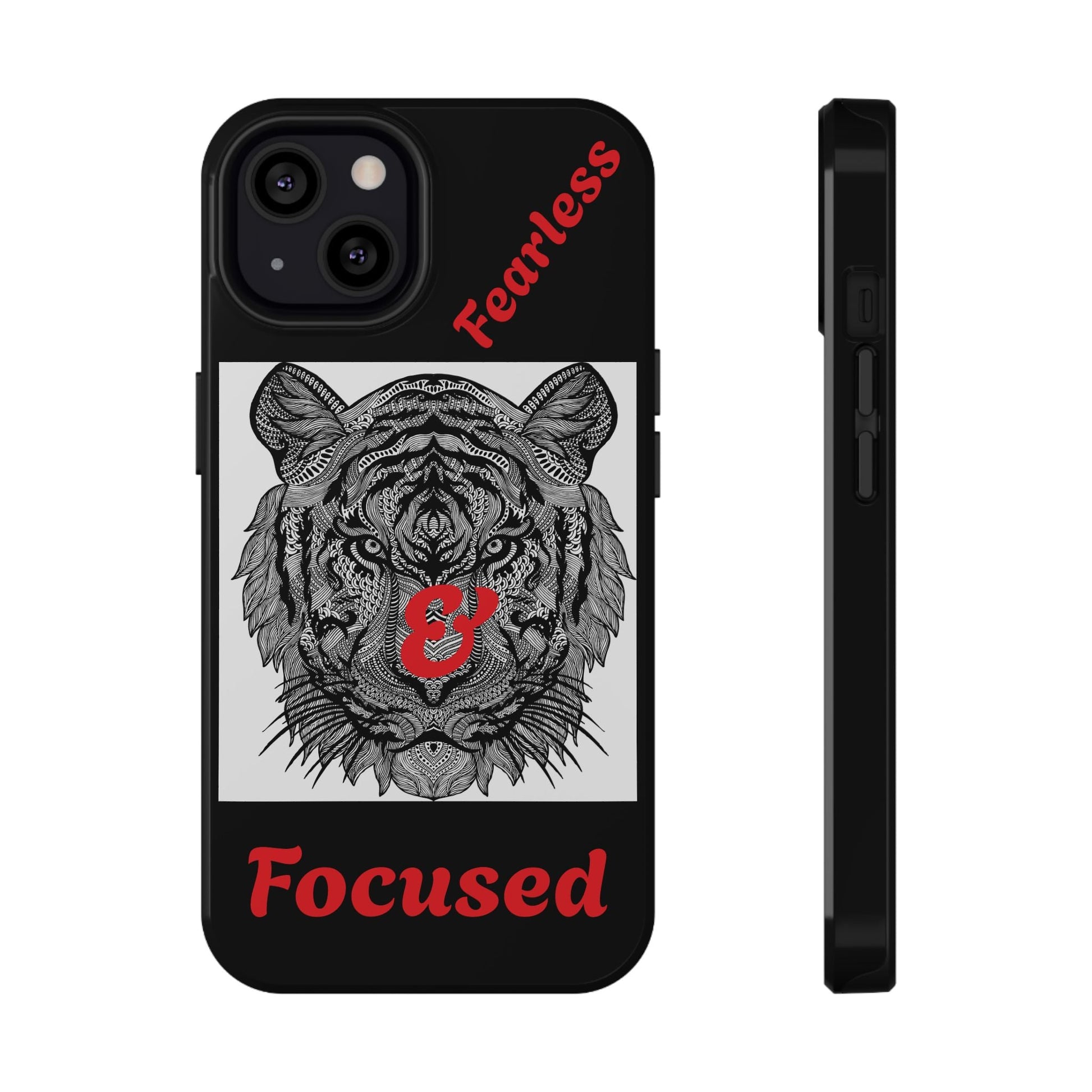 Tiger phone case with black and white tiger illustration, red "Fearless & Focused" text, dual-layer impact-resistant protection, wireless charging compatible