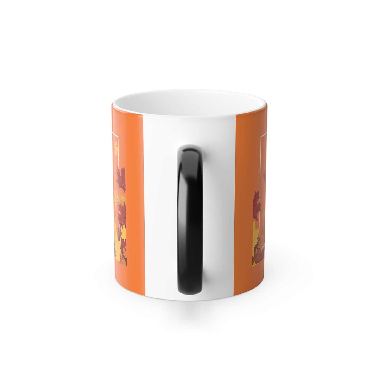 Color Morphing Mug with black handle and fall-themed orange design on ceramic material