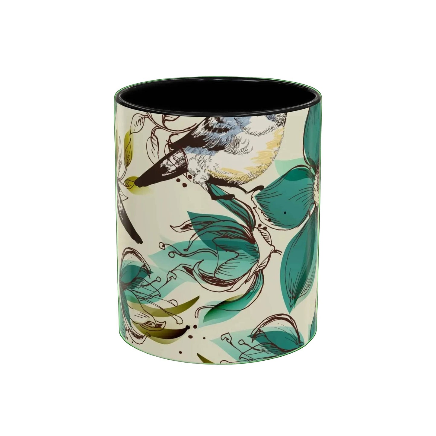 Cylindrical container with bird and floral design on a white background