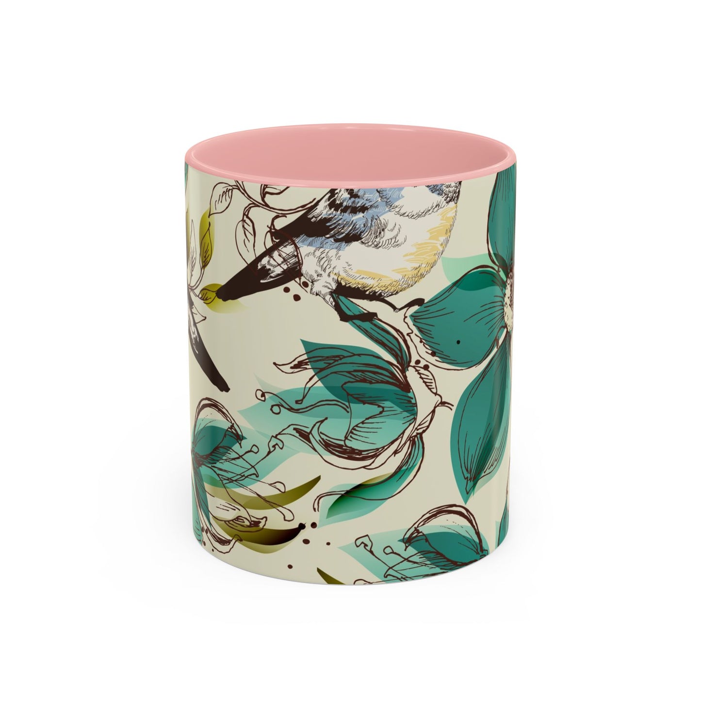 Cylindrical container with bird and floral pattern on a white background