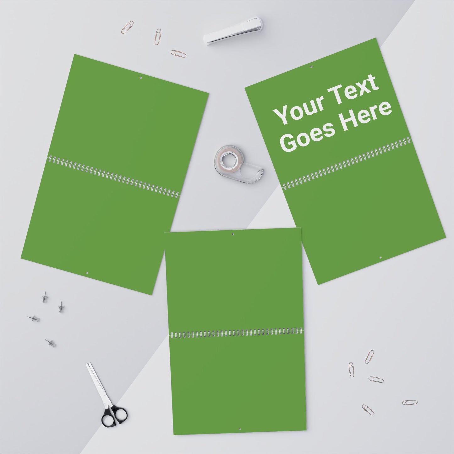Three green sheets of paper with text placeholder on a white background