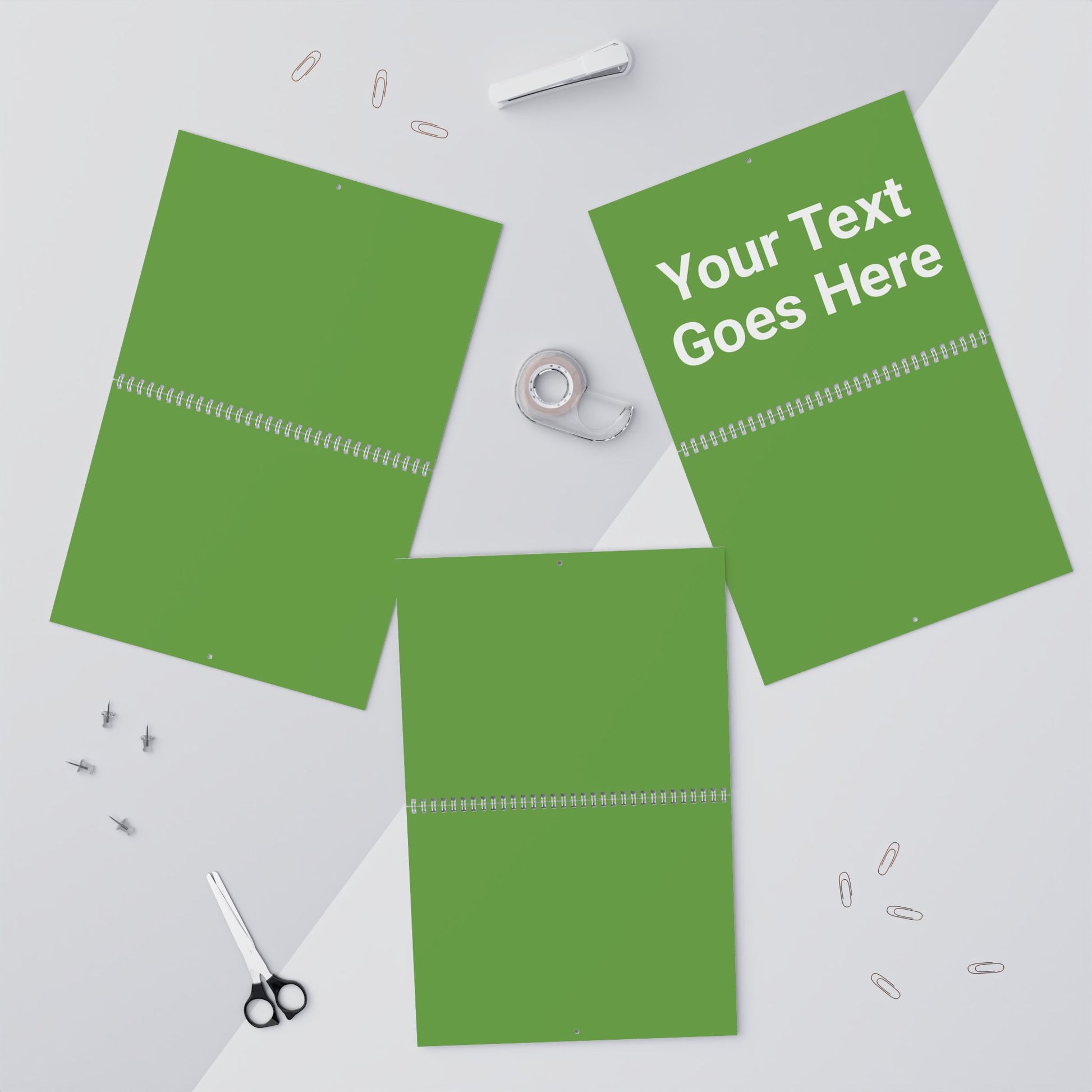 Three green sheets of paper with text placeholder on a white background