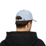 Back view of man wearing light blue classic cap with antique brass buckle strap and black hoodie