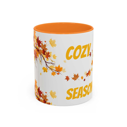 Fall cozy season mug with autumn leaves design and orange interior, seasonal coffee cup for Thanksgiving gift