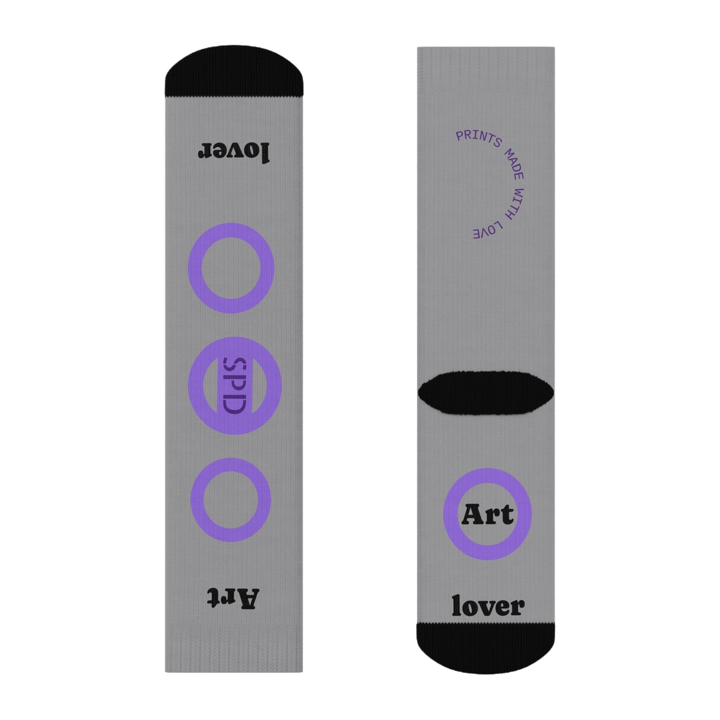 Two gray socks with purple circles and text on a white background