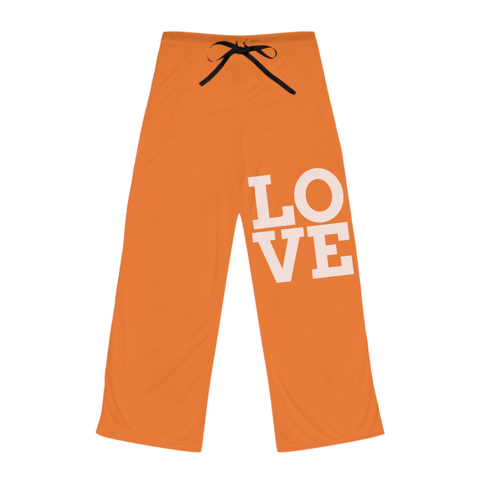 Orange sweatpants with 'LOVE' printed on them against a white background