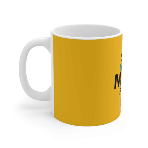 White ceramic Best Mom Ever Christmas Mug with yellow background and festive design, 11oz capacity, microwave and dishwasher safe