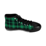 Green plaid sneakers for men with black toe cap and laces, stylish and comfortable design