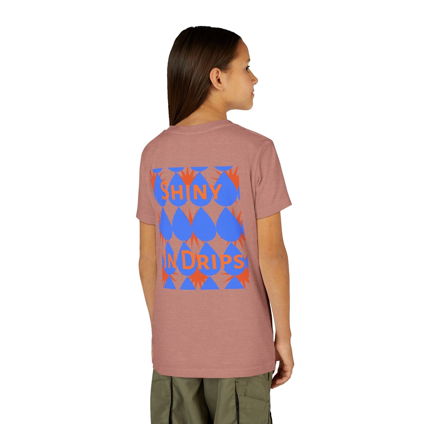 Youth short sleeve tee for kids with custom colorful back print, soft lightweight cotton blend, and modern crew neckline