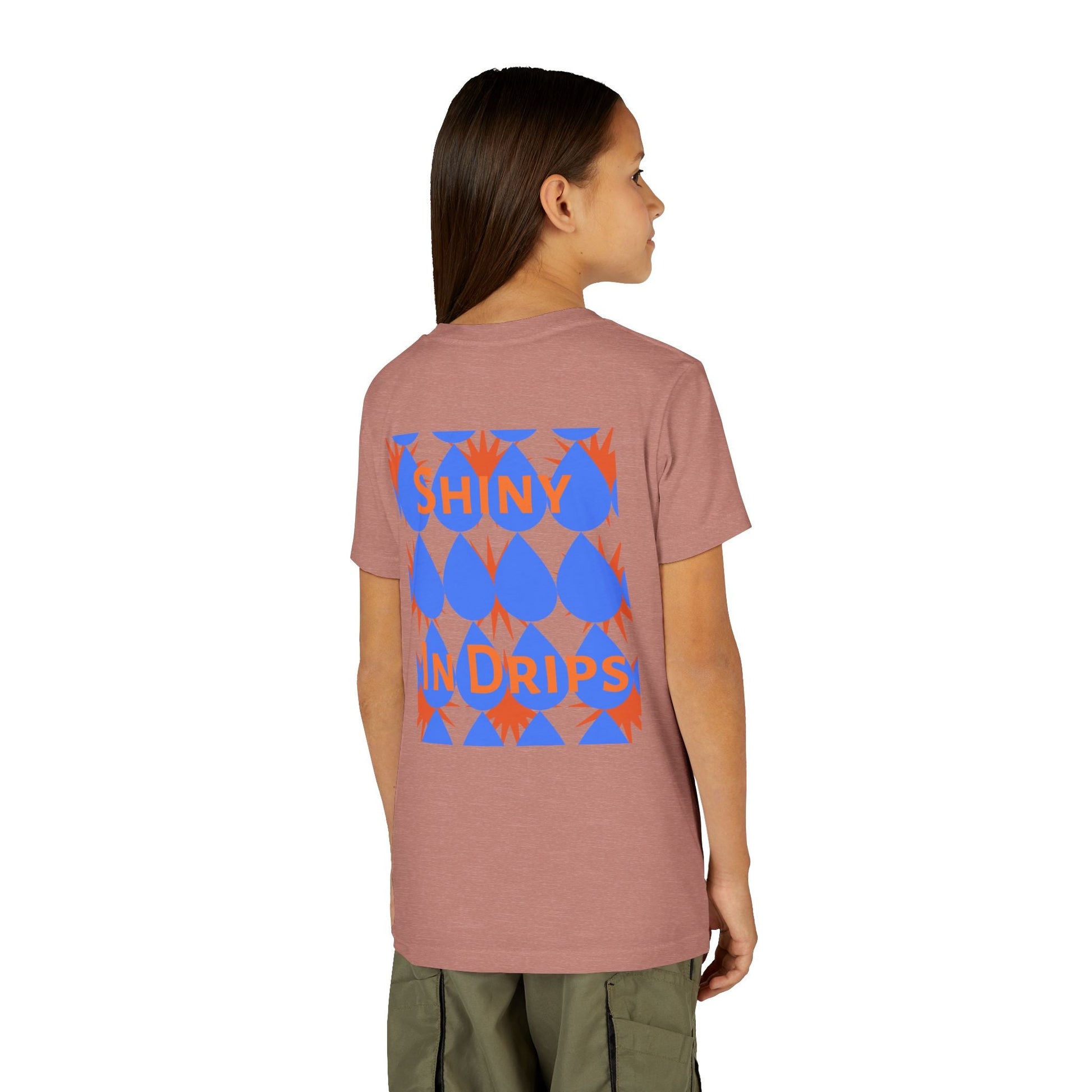 Youth short sleeve tee for kids with custom colorful back print, soft lightweight cotton blend, and modern crew neckline