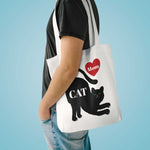Cat Mom Tote Bag featuring black cat and red heart design on white cotton canvas tote with reinforced shoulder straps