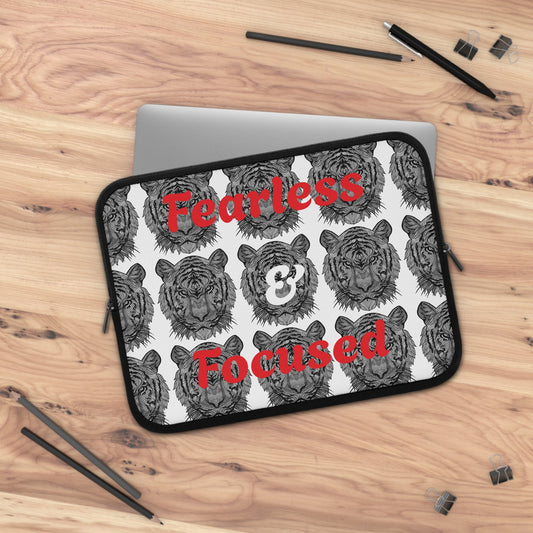 Laptop sleeve with tiger faces and red Fearless & Focused text, neoprene water-resistant design