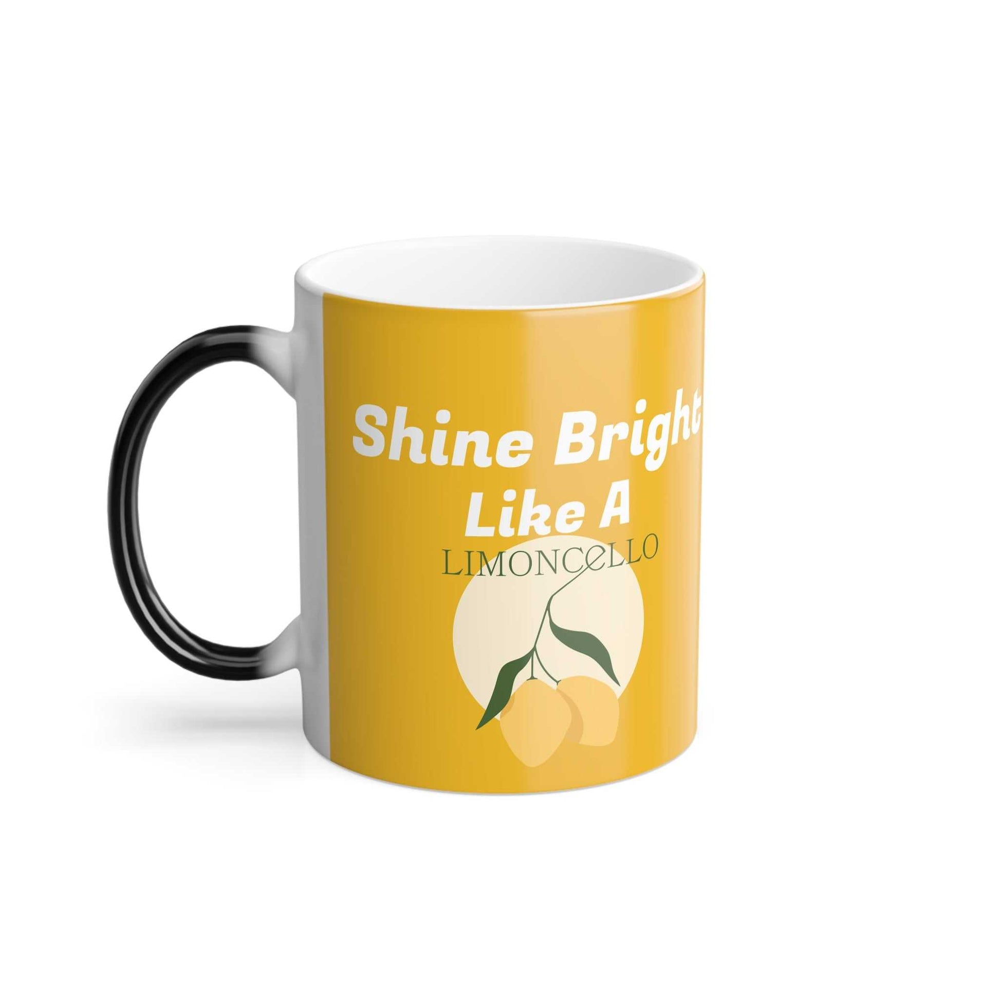 Heat-sensitive color changing mug with bright yellow design and lemon graphic, glossy ceramic with black handle