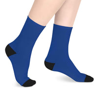 Language Love Mid-length Socks in blue with black heels and toes, lightweight polyester cozy wear