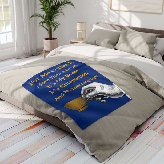 Coffee Lover's Cozy Fleece Blanket with coffee cup design on bed in modern bedroom