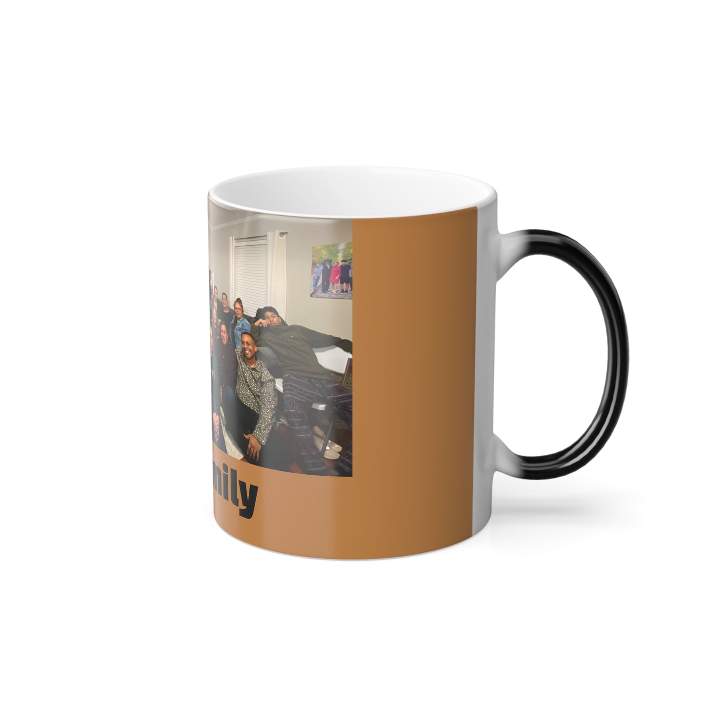 Mug with a printed design of people in a room and the word 'Family' on a white background