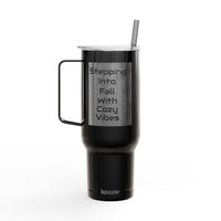 Black Cozy Vibes Insulated Tumbler with handle, spill-resistant lid, and fall-themed engraving, 40oz travel mug made from recycled materials