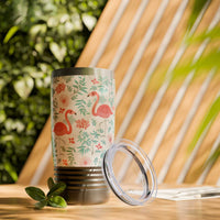 Colorful landscape tumbler with flamingo and floral design, 20oz travel mug with ribbed grip and clear lid