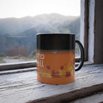 Fall Lovers Color Morphing Mug with heat-sensitive autumn leaf design steaming by window