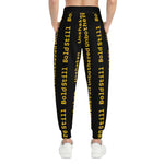 Back view of eco-friendly joggers with black base and bold yellow 