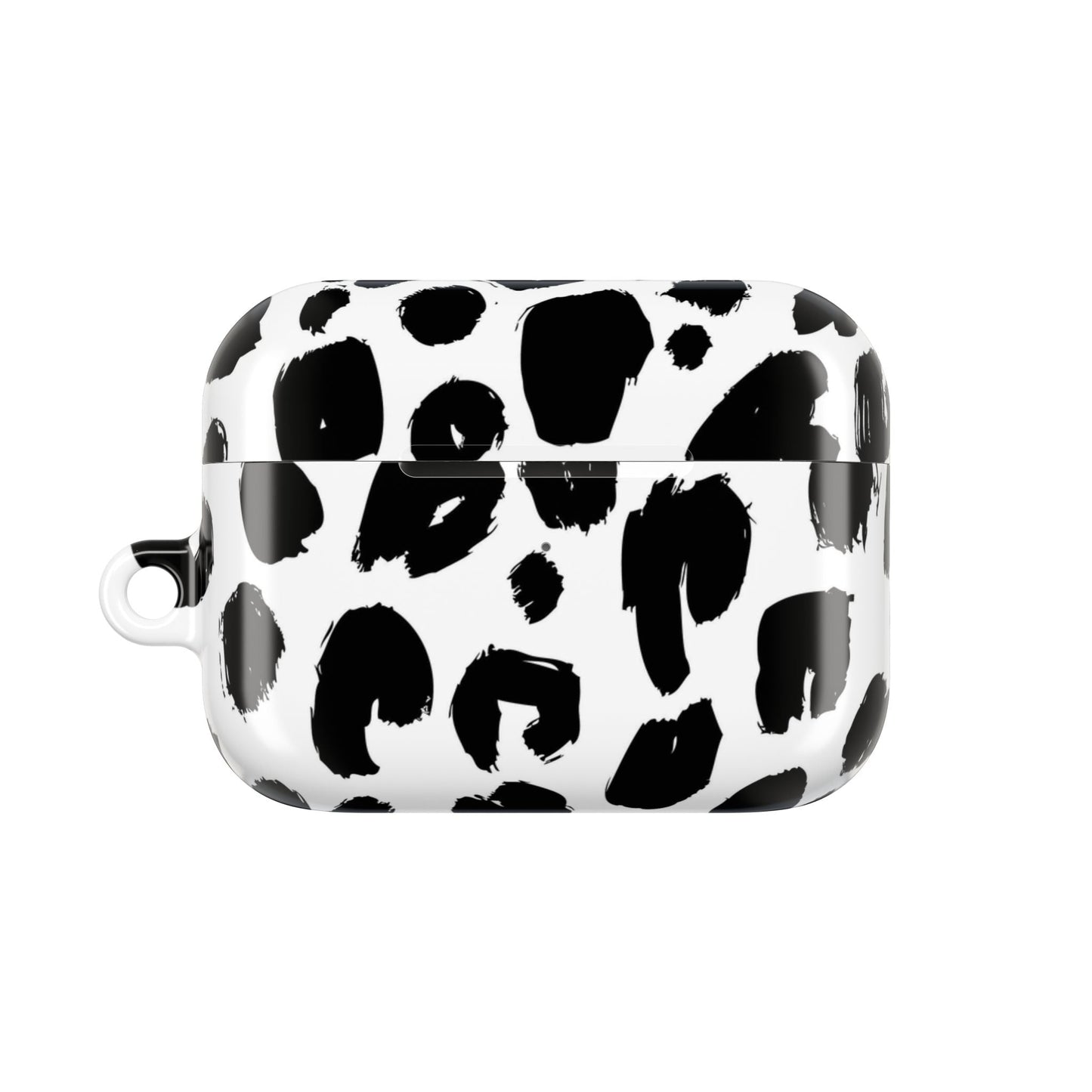 Black and white leopard print AirPod case with gloss finish and carabiner attachment