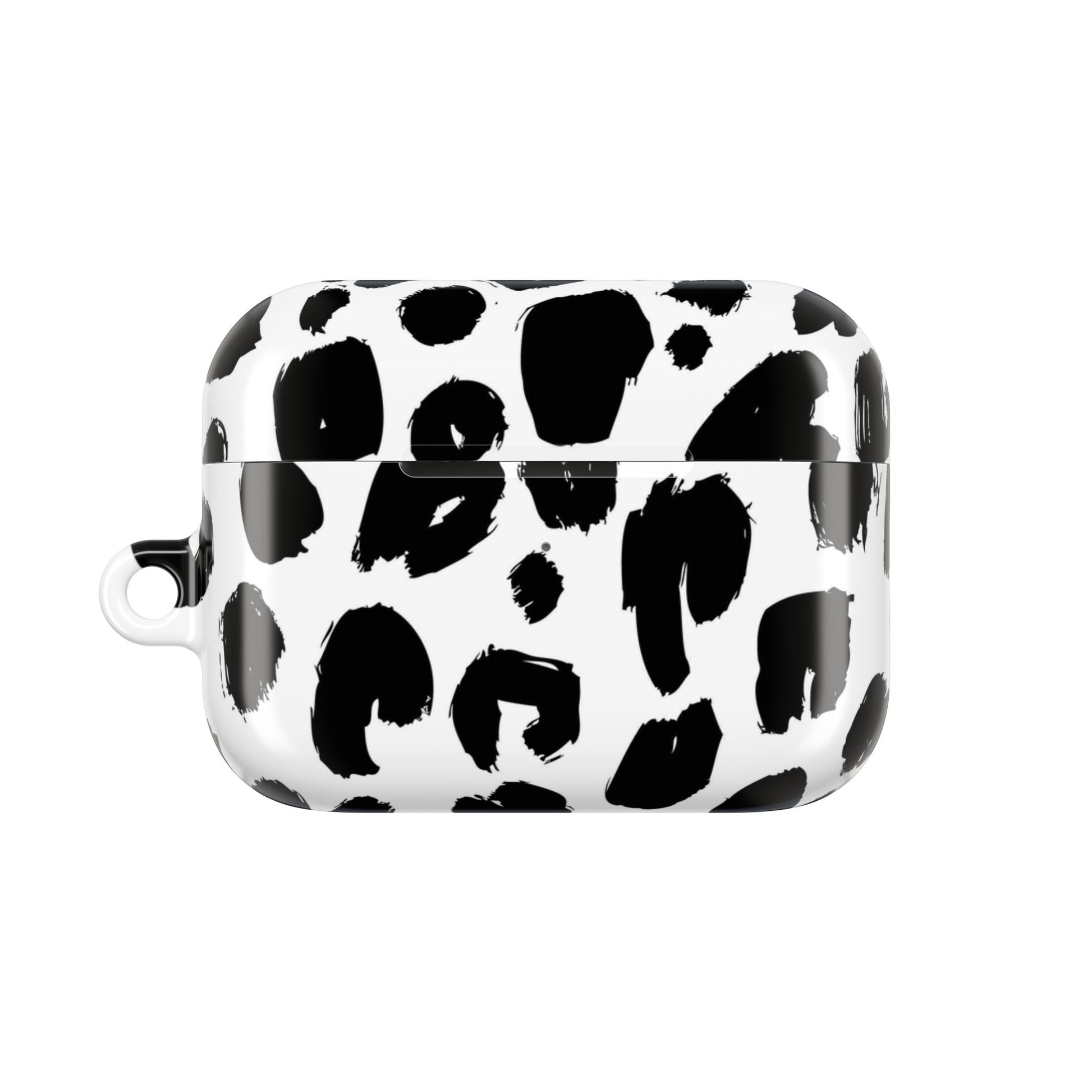 Black and white leopard print AirPod case with gloss finish and carabiner attachment