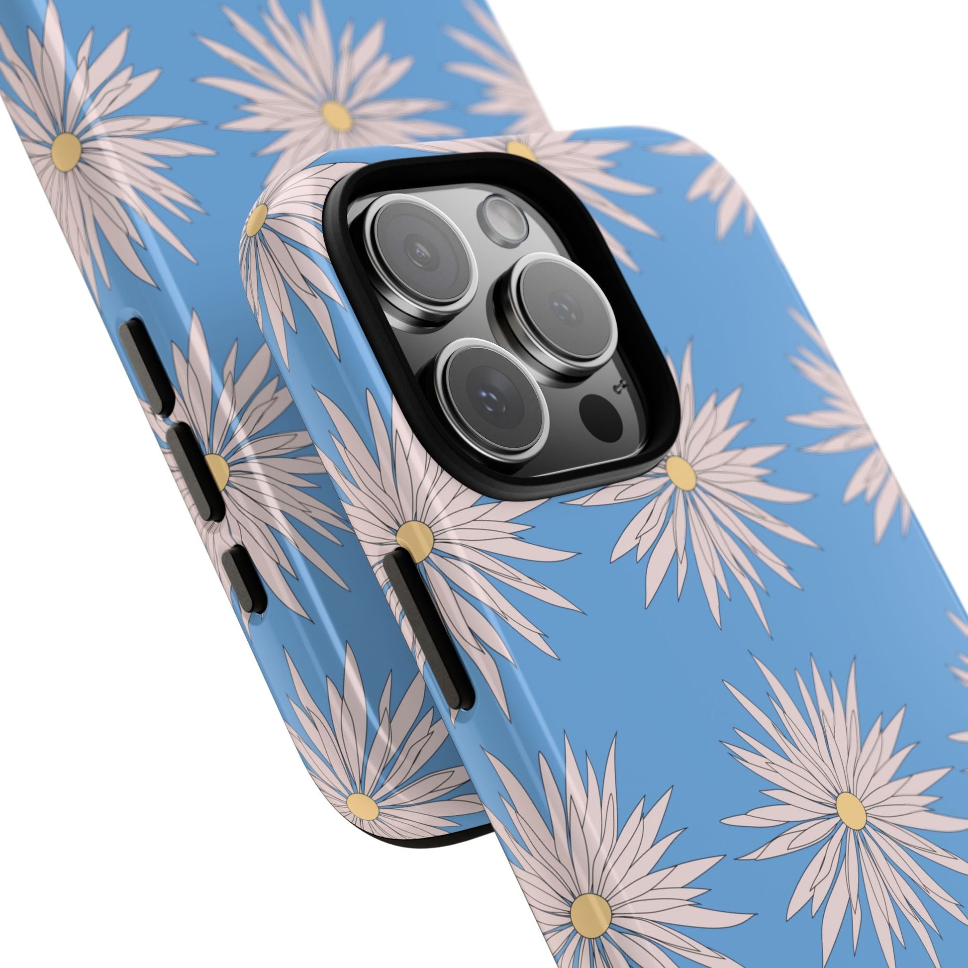 Blue phone case with white daisy pattern, durable and stylish protective cover with shock absorption