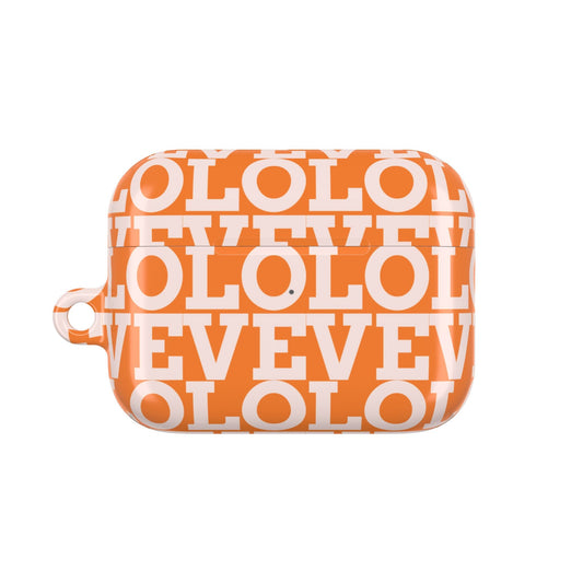Orange AirPod case with white LOL text pattern, slim polycarbonate cover with gloss finish and carabiner.