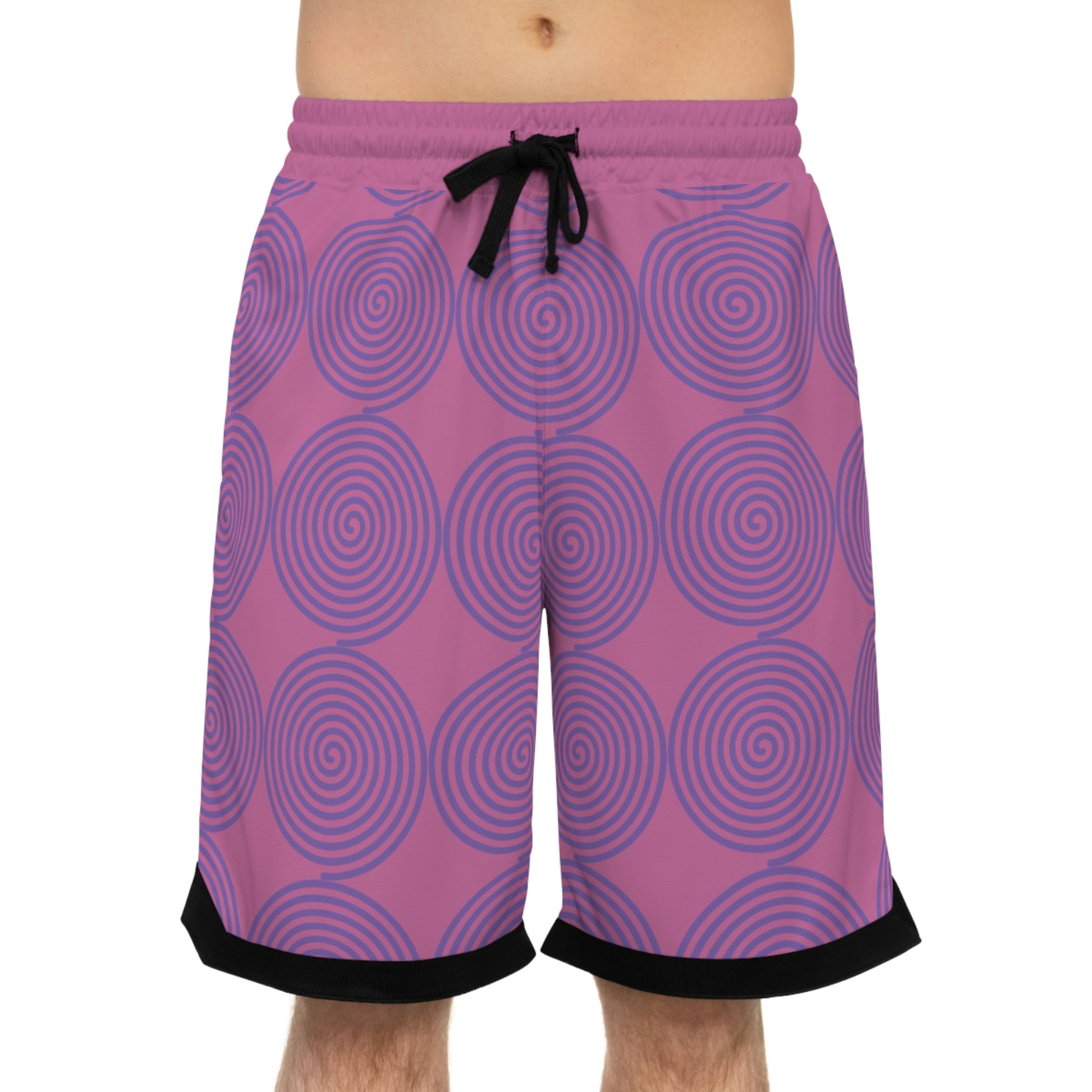Women's basketball rib shorts with purple spiral pattern, black drawstring, and hem detail, made of moisture-wicking polyester