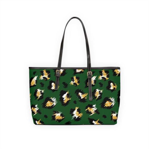 Stylish leopard print shoulder bag in green with black handles and gold hardware, made of PU leather tote for work and casual use
