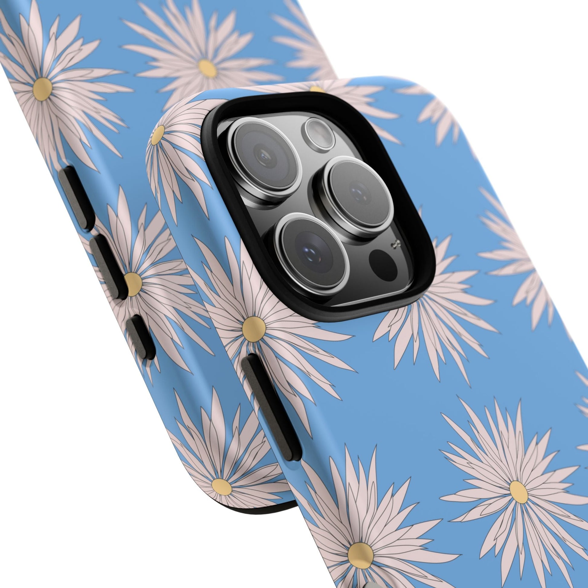Blue daisy pattern phone case with floral design and durable shock protection for smartphones