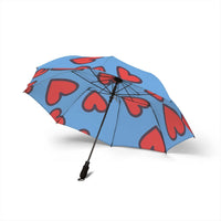 Foldable blue umbrella with red heart prints, semi-automatic open, lightweight and travel-friendly design