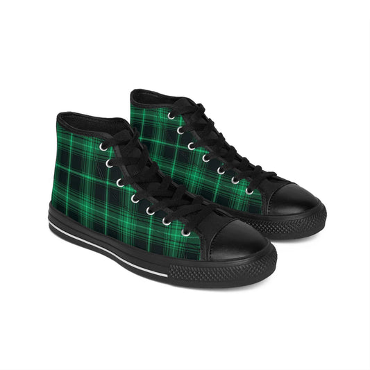 Green plaid sneakers for men with black laces and rubber soles, stylish and comfortable high-top casual shoes