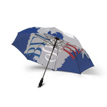 Compact foldable umbrella with blue and grey canopy, semi-automatic open, durable polyester fabric rain and sun protection