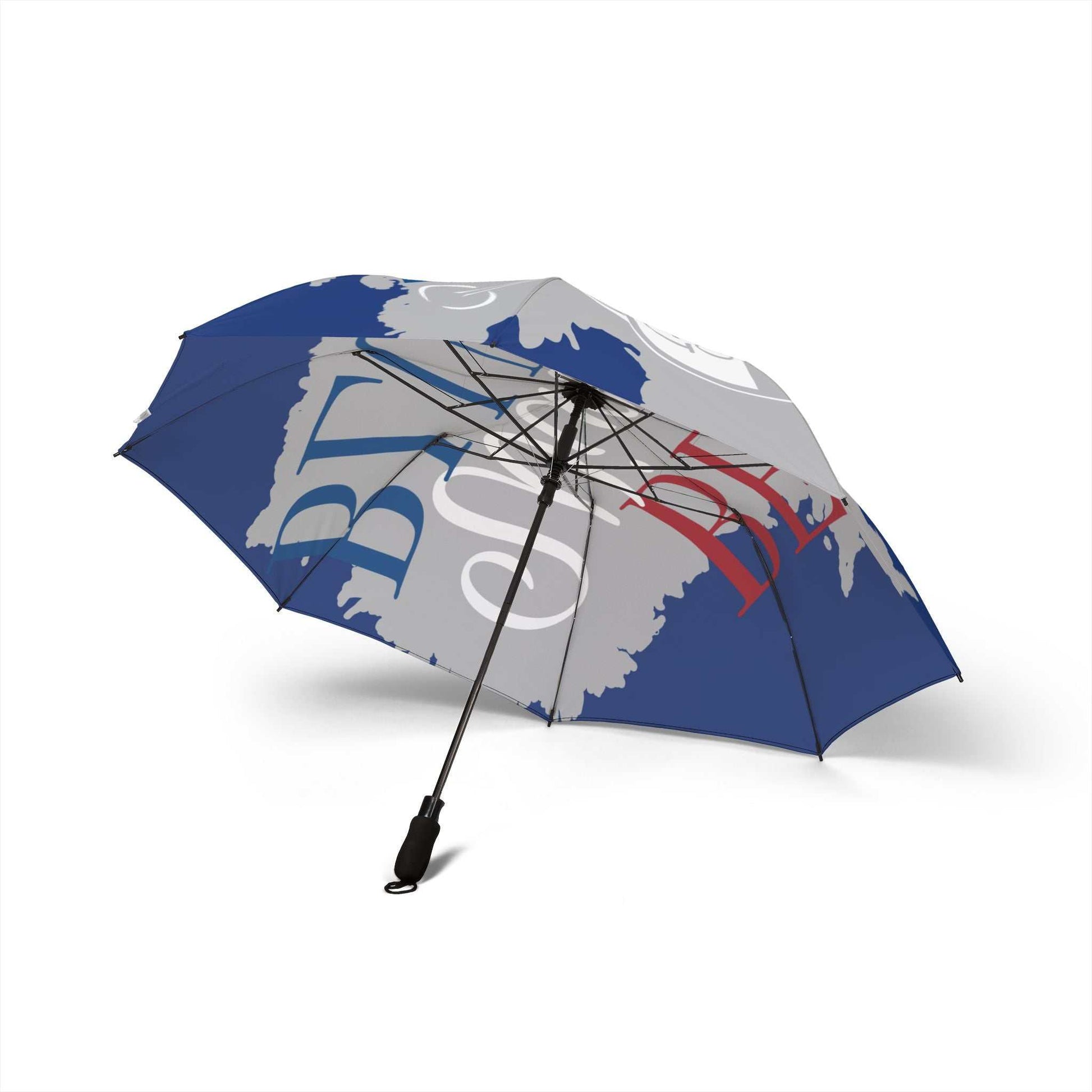Compact foldable umbrella with blue and grey canopy, semi-automatic open, durable polyester fabric rain and sun protection