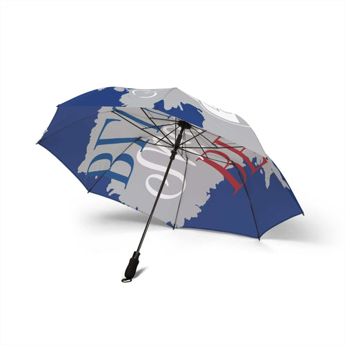 Compact foldable umbrella with blue and grey canopy, semi-automatic open, durable polyester fabric rain and sun protection