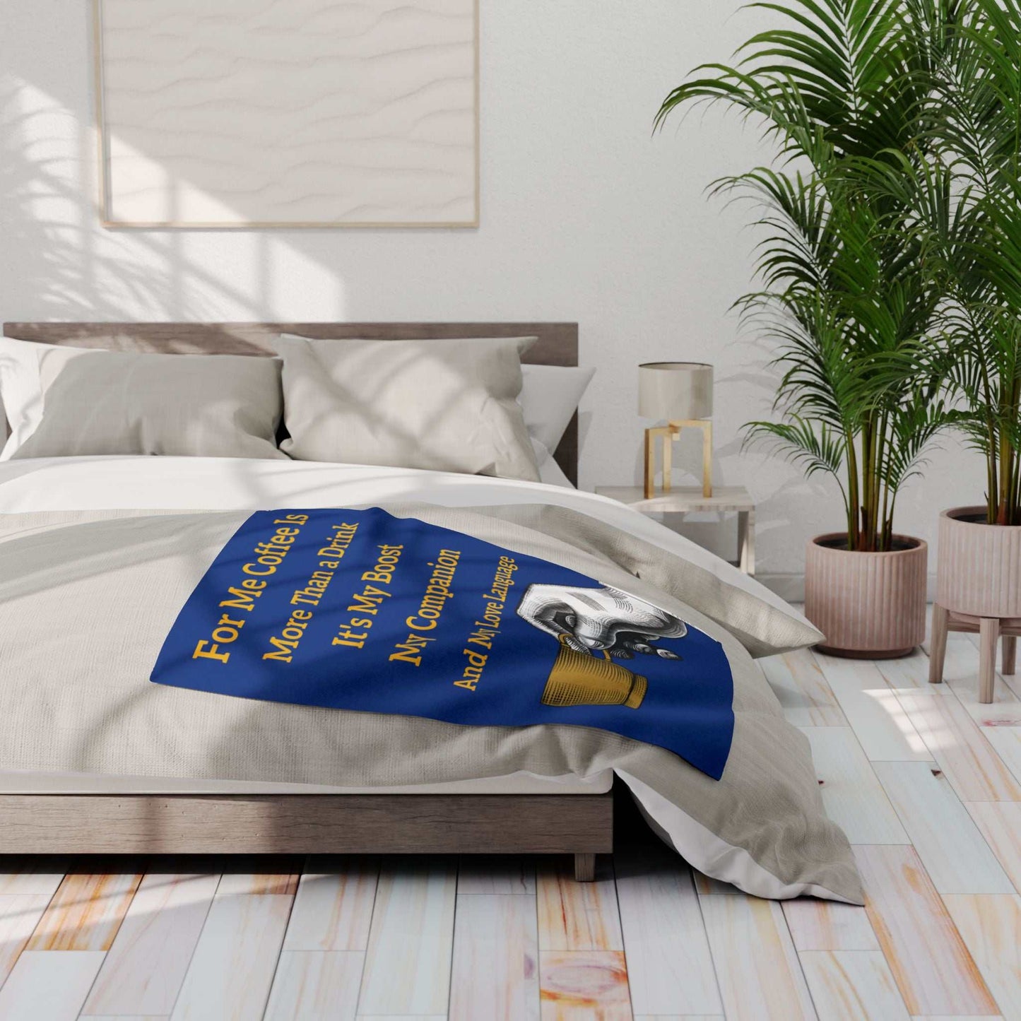 Coffee Lover's Cozy Fleece Blanket with vibrant coffee-themed design on bed in modern minimal bedroom setting