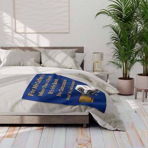Coffee Lover's Cozy Fleece Blanket with vibrant coffee-themed design on bed in modern minimal bedroom setting