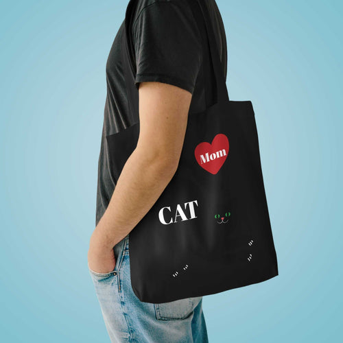 Black Cat Mom Tote Bag with heart and cat design, cotton canvas, reinforced straps, carried by person